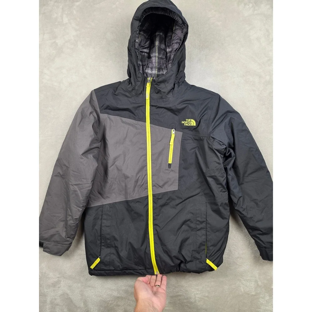 The North Face Puffer Jacket Boys L 14/16 Black Grey Hooded Insulated CN09